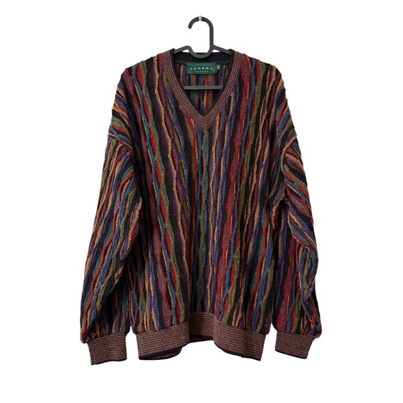 Tundra Multicolor 3D Knit 90s Hip Hop Wool Blend Vneck Sweater Mens Small - Picture 1 of 6